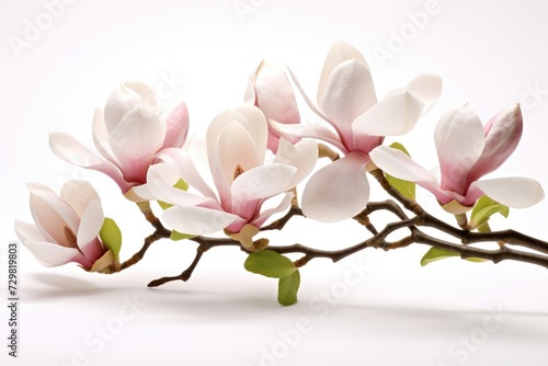 Blooming white and pink close-up flowers of magnolia on a branch with young leaves, growing in spring park or botanical garden, with blurred white background © May