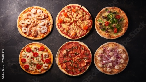 Top view A set of six different delicious fresh pizzas with pepperoni, cheese, chicken and mushrooms, bacon on a black stone background. Italian food, Cafe and restaurant, pizzeria concepts.