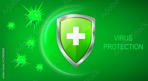 Virus protection banner with shield, cross and bacteria on green background. Vector realistic illustration of piked cells attacking immune safety bubble, medical poster template, vaccination concept