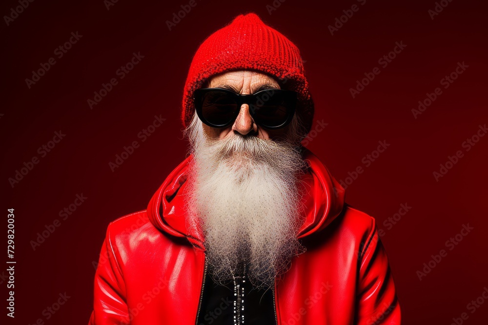 Portrait of an old man with a long white beard and a red jacket on a red background. Portrait of an old man with a long white beard and a red jacket on a red background.