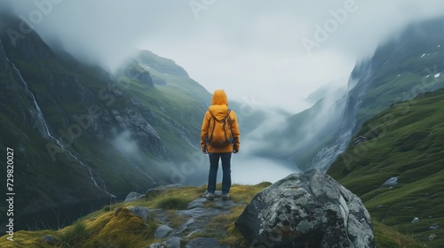 Person with tourist backpack and overcast rocky landscape. Generative AI