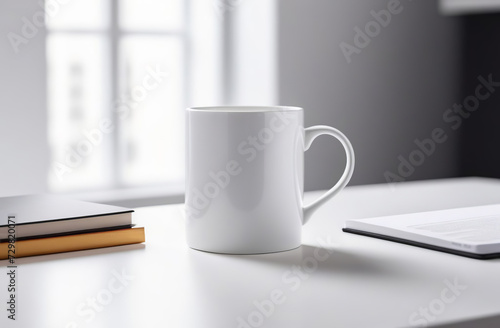 Mug Mock-Up. Blank white 11 oz ceramic cup is on a desk  office interior blurred background. Great for overlaying your custom quotes and designs for selling mugs. Notebooks on wooden table indoors.