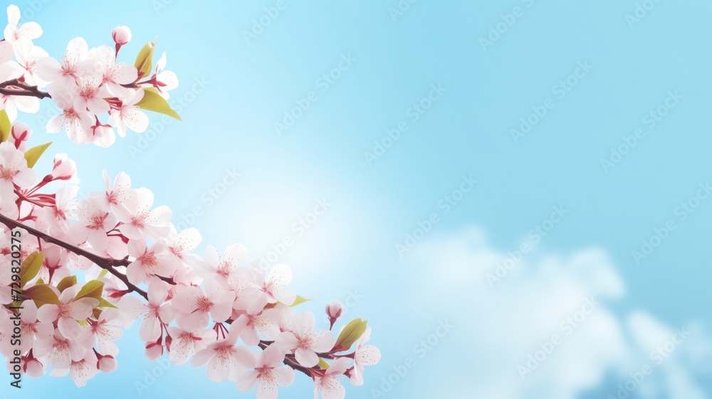 Branches with fresh white cherry flowers in full bloom against the blue sky. Blooming sakura, peaches and cherries on a blue background. Branches with fresh white cherry flowers in full bloom against the blue sky. Blooming sakura, peaches and cherries on a blue background.