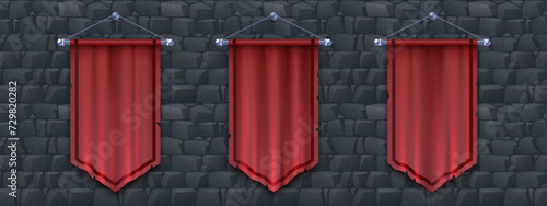 Medieval red cloth banners set isolated on stone background. Vector realistic illustration of silk flags with torn edges hanging on old castle wall, blank frame space for royal sign, vertical pennant