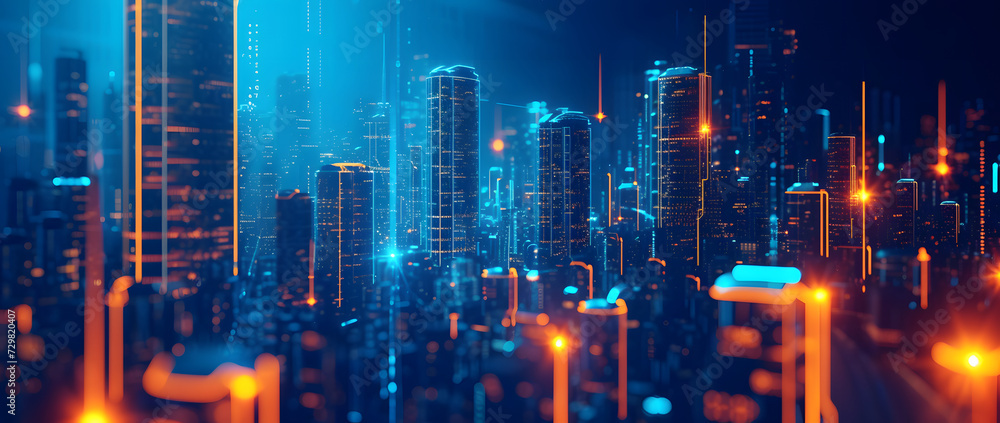 Illustration of a modern futuristic smart city concept with abstract bright lights against a blue background. Showcases cityscape urban architecture, emphasizing a futuristic technology city concept.