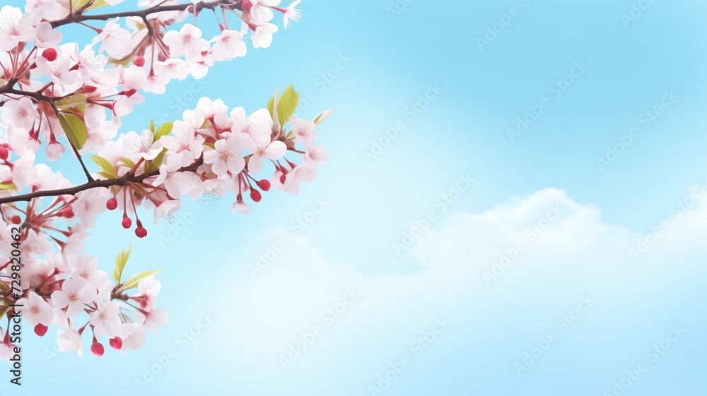 Branches with fresh white cherry flowers in full bloom against the blue sky. Blooming sakura, peaches and cherries on a blue background. Branches with fresh white cherry flowers in full bloom against the blue sky. Blooming sakura, peaches and cherries on a blue background.