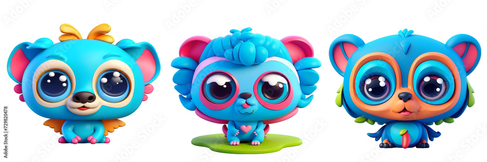 Fototapeta premium Cute funny monsters with big eyes lovely little animals isolated in transparent background
