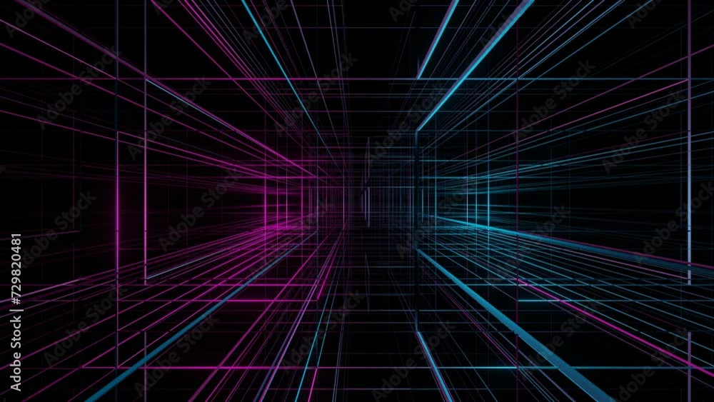 endless movement through an abstract structure of lines illuminated with purple and blue light. animated looping background. 3D render endless movement through an abstract structure of lines illuminated with purple and blue light. animated looping background. 3D render