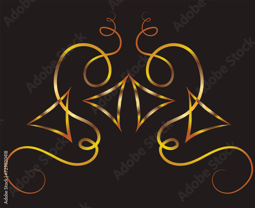 Fantasy illustration with swirls and sharp corners. Ornament, applique, background with space for an inscription. Gold gradient on a black background for printing on fabric, applique and cards.