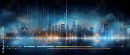 Illustration of a modern futuristic smart city concept with abstract bright lights against a blue background. Showcases cityscape urban architecture, emphasizing a futuristic technology city concept.