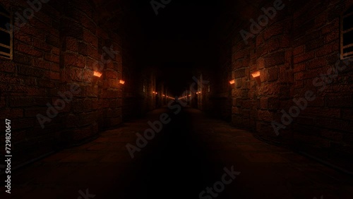 endless movement forward along the stylized corridor of a medieval castle with burning torches on the walls. animated looping background. 3D render