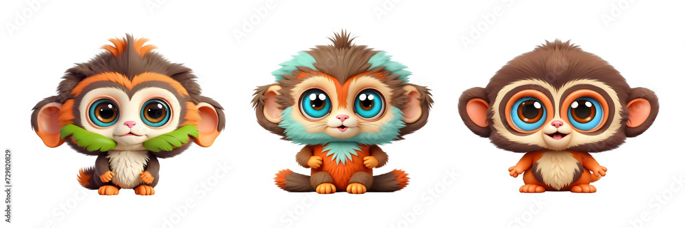 Cute funny monkeys with big eyes lovely little animals isolated in transparent background Cute funny monkeys with big eyes lovely little animals isolated in transparent background