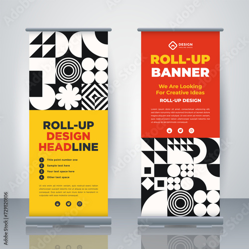 Geometric Business Roll Up. Standee Design. Banner Template. Presentation and Brochure. Geometric x-banner and flag-banner advertising. Vector illustration.