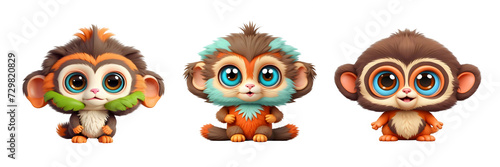 Cute funny monkeys with big eyes lovely little animals isolated in transparent background