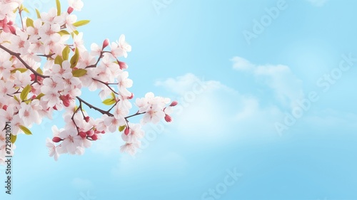 Branches with fresh white cherry flowers in full bloom against the blue sky. Blooming sakura, peaches and cherries on a blue background.