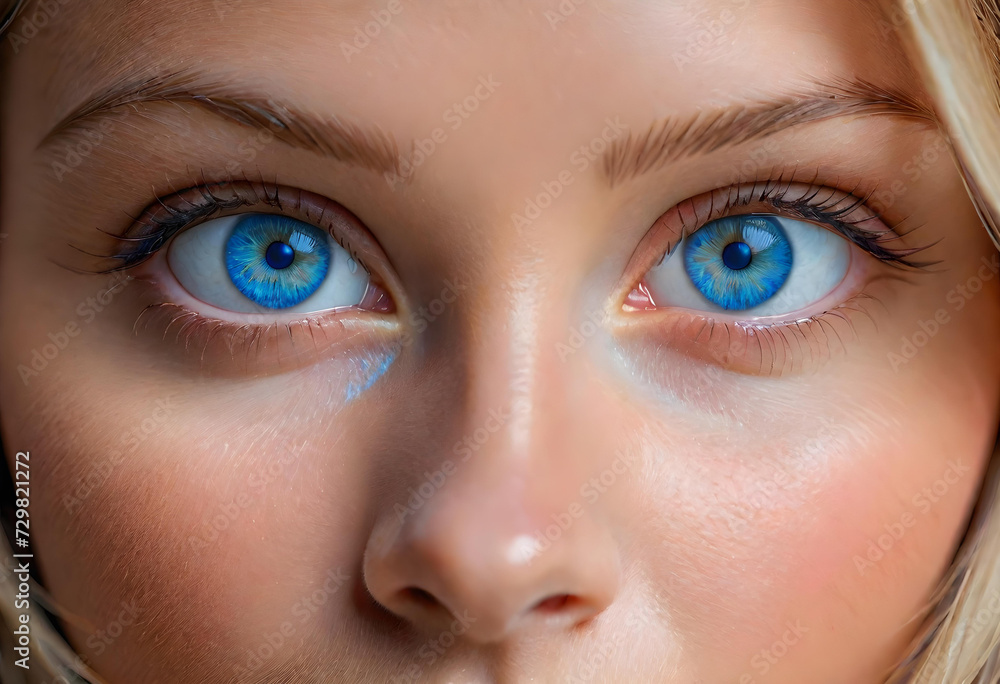 Fototapeta premium Blue Eyes. Close-Up. Eye Color. Portrait. Beauty. Human Eye. Facial Feature. Gaze. Mesmerizing. Intense. Expression. Detail. Soulful. Iris. Macro. AI Generated.