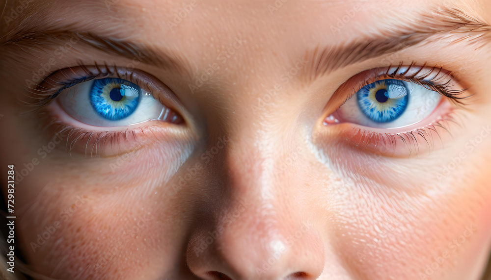 Fototapeta premium Blue Eyes. Close-Up. Eye Color. Portrait. Beauty. Human Eye. Facial Feature. Gaze. Mesmerizing. Intense. Expression. Detail. Soulful. Iris. Macro. AI Generated.