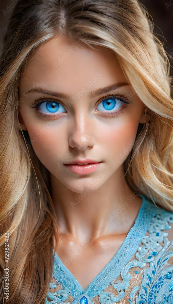 Naklejka premium Blue Eyes. Close-Up. Eye Color. Portrait. Beauty. Human Eye. Facial Feature. Gaze. Mesmerizing. Intense. Expression. Detail. Soulful. Iris. Macro. AI Generated.