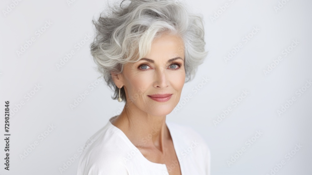 Close-up of a beautiful gorgeous smiling mature woman of the 50s looking at the camera on a white background of the osprey space. Beauty, Cosmetology, makeup, facial skin care, cosmetics concepts.