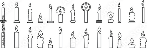 Set candle silhouettes for religion commemorative and party icon. Vector Black linear symbol collection isolated on transparent background. Editable stroke some melted and others solid.