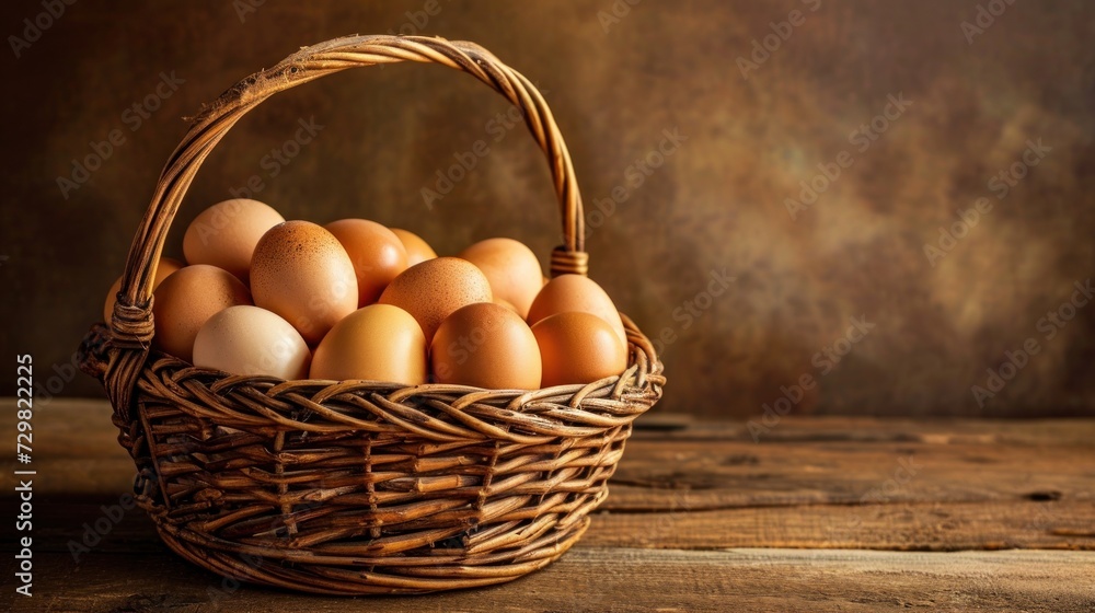 a wicker basket filled with brown eggs on top of a wooden table next to a brown and white wall and a wooden table with a brown wall in the background. a wicker basket filled with brown eggs on top of a wooden table next to a brown and white wall and a wooden table with a brown wall in the background.