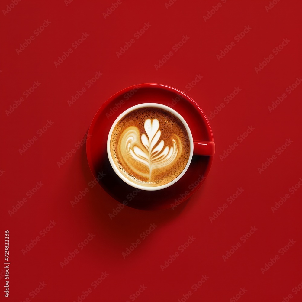 Red espresso cup on a red background, representing a hot morning beverage. Poster design, look down view, advertisement Red espresso cup on a red background, representing a hot morning beverage. Poster design, look down view, advertisement