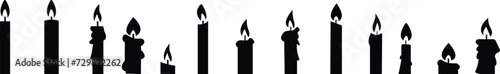 Set candle silhouettes for religion commemorative and party icon. Vector Black flat symbol collection isolated on transparent background. Editable stroke some melted and others solid. photo