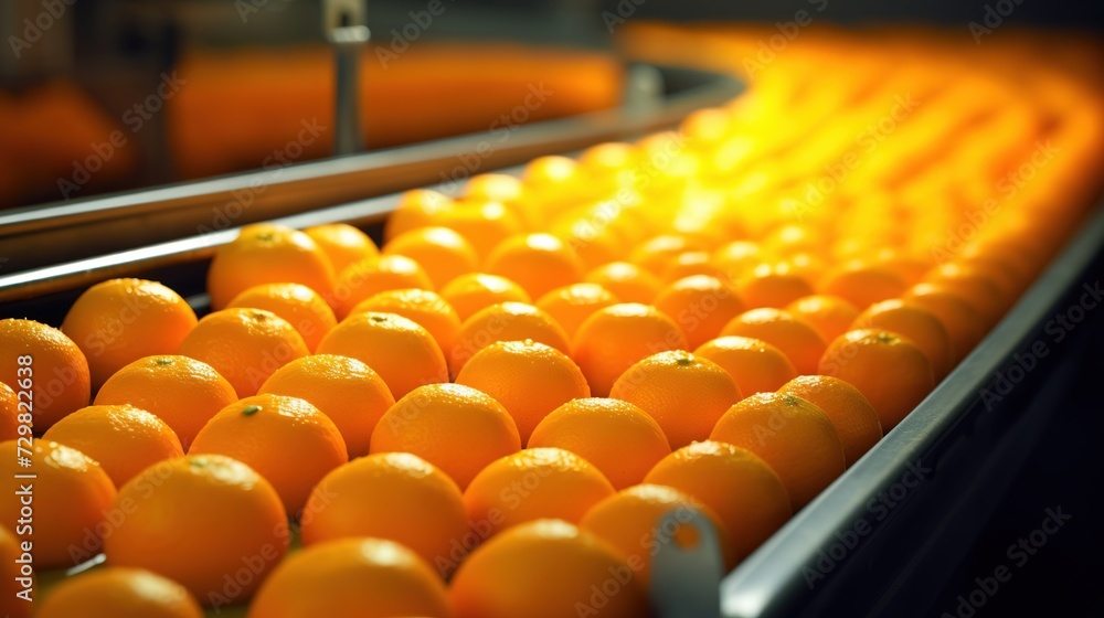 Fresh oranges on a conveyor belt for orange juice production, food industry concept, orange juice production in a factory or factory