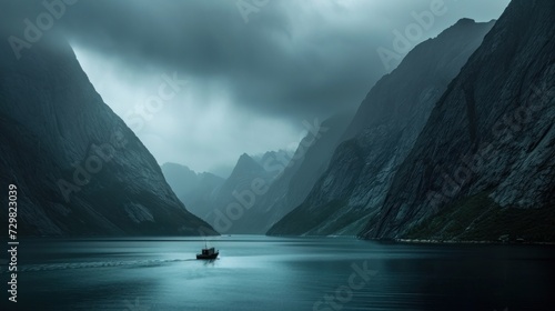  a boat in a body of water with mountains in the background and a sky filled with clouds in the distance with a boat in the middle of the water in the foreground.