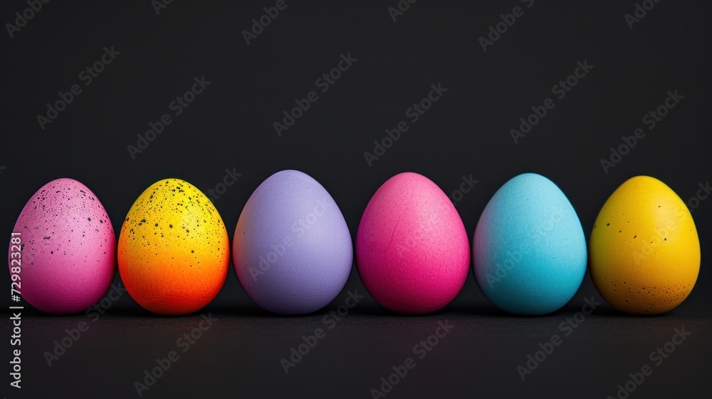 a row of colored eggs with speckles in the middle of the row on a black background, with a black background behind the row is a row of colored eggs with speckles. a row of colored eggs with speckles in the middle of the row on a black background, with a black background behind the row is a row of colored eggs with speckles.