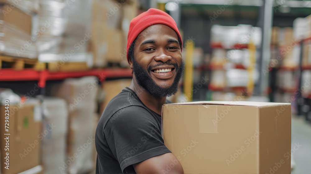 Male loader working in a warehouse stands with a box
Male loader working in a warehouse stands with a box