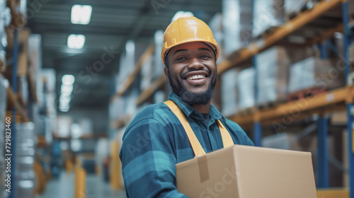 Male loader working in a warehouse stands with a box 