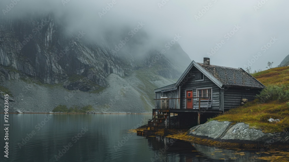 Fototapeta premium a cabin sits on the edge of a body of water in front of a mountain with a red door and a red door on the front of the cabin is surrounded by foggy water.