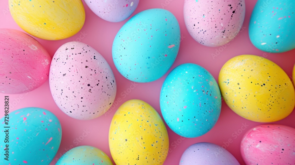 a group of colorful eggs with speckles in the middle of a pink, blue, yellow, and green egg shell with speckles in the middle. a group of colorful eggs with speckles in the middle of a pink, blue, yellow, and green egg shell with speckles in the middle.