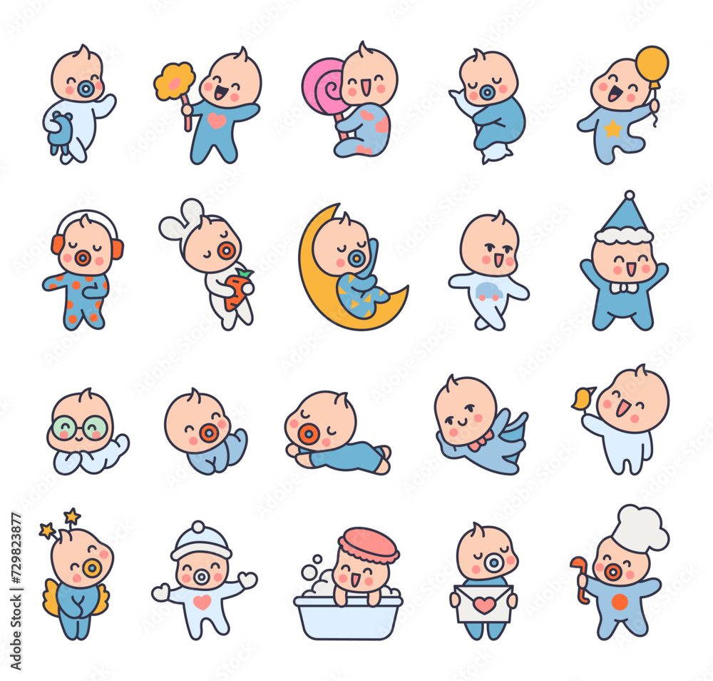 Cute baby boy. Cartoon little newborn character. Hand drawn style. Vector drawing. Collection of design elements. Cute baby boy. Cartoon little newborn character. Hand drawn style. Vector drawing. Collection of design elements.