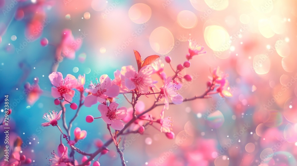 a close up of a pink flower on a branch with blurry boke of light in the background and a blurry background of blue and pink flowers in the foreground. a close up of a pink flower on a branch with blurry boke of light in the background and a blurry background of blue and pink flowers in the foreground.