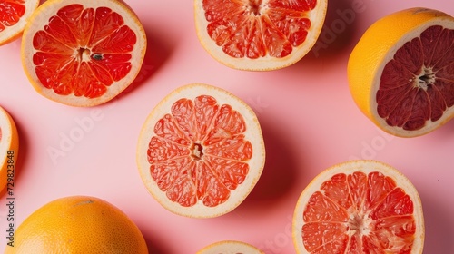 A Vibrant Display of Freshly Sliced Grapefruits on a Soft Pink Background