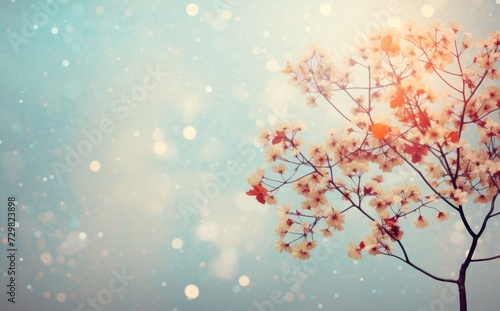  a close up of a flower on a tree branch with snow falling on the ground and a blue sky in the background with white and red flowers in the foreground.