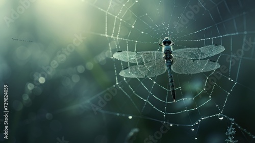  a close up of a spider web with a dragonfly sitting on it's back, with dew drops on the web, in the foreground, and a blurry background.