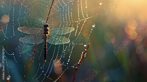 Foto a close up of a spider web with a dragonfly sitting on it's back and it's wings covered in drops of dew and drops of dew
