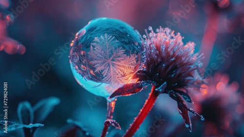  a close up of a dandelion flower with water droplets on it's petals and a blurry background of red, blue, purple, and pink flowers.