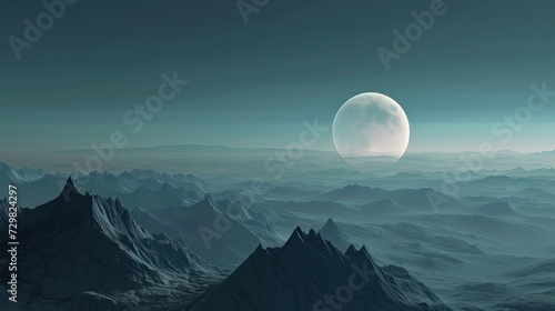  an artist's rendering of an alien landscape with mountains and a large moon in the sky with a distant distant object in the foreground of the distant horizon.