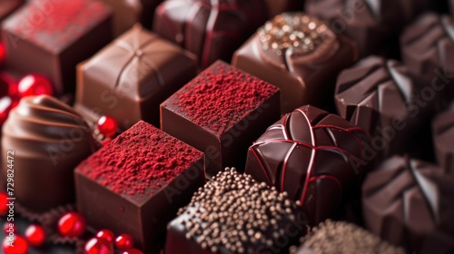  a table topped with lots of chocolates covered in red and brown frosted toppings on top of each of the chocolates on top of each of the table.