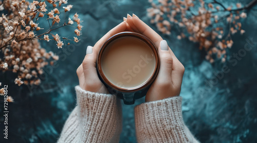  a woman's hands holding a cup of coffee with the word nuun written on the top of the cup in front of a branch of blossoming tree. photo