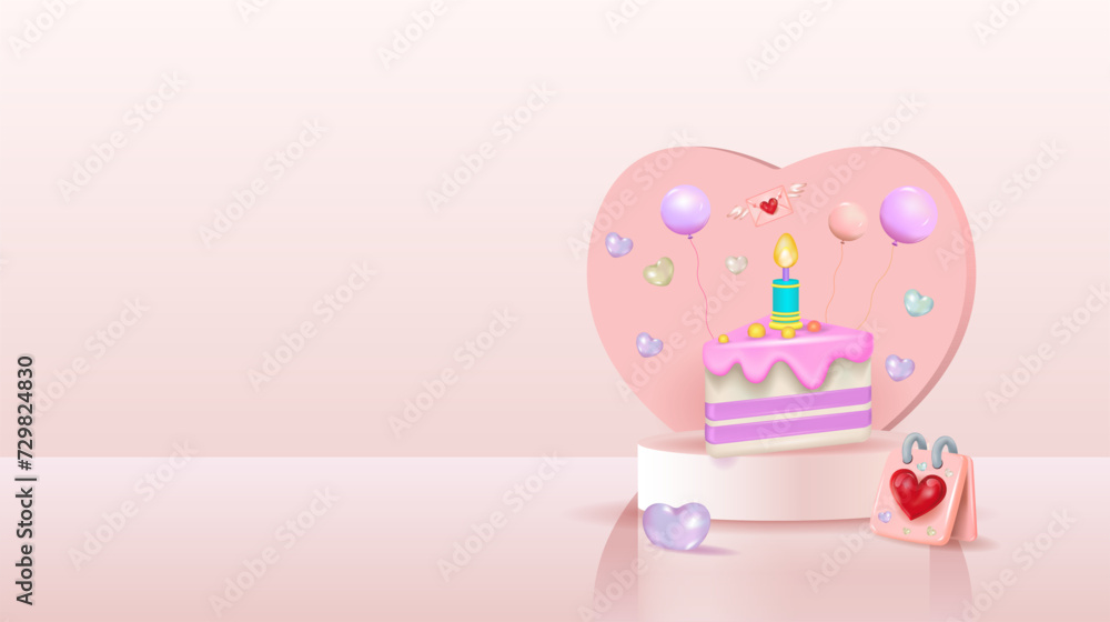 A birthday cake on the podium with icing, candles, balloons, and a heart. Birthday, banner.
Vector illustration. 3d, space for copying.