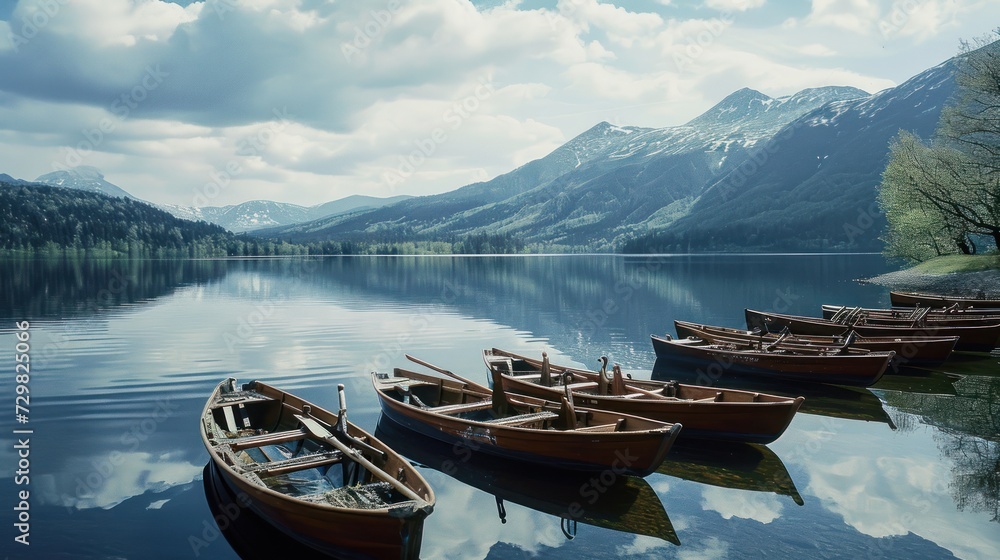  a group of boats sitting on top of a lake next to a lush green forest covered mountain covered with snow covered mountains in the distance are reflected in the still water.
