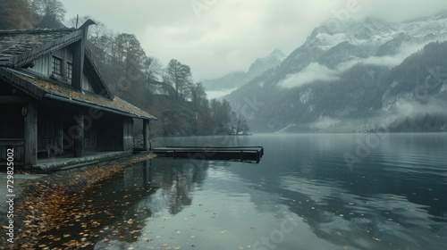  a house sitting on the edge of a lake in the middle of a mountain range with a dock in the foreground and a foggy sky in the background.