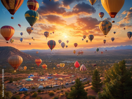 Colorful hot air balloons flying over the scenic landscape.