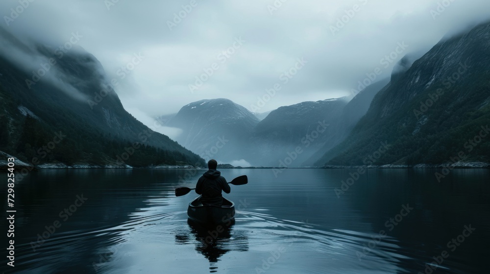  a person paddling a kayak on a lake in the middle of a foggy day with mountains in the distance and fog rolling in the air over the water.