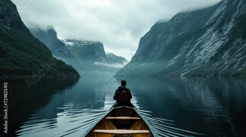  a person sitting in a boat in the middle of a body of water with mountains in the back ground and fog in the air, and fog in the air. photo